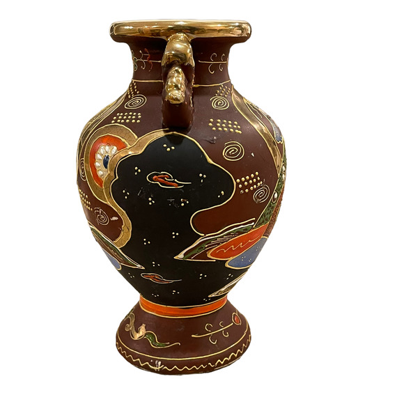 Vintage Japanese Hand Painted Moriage Vase 7.5" Tall Brown Blue Handles‎ - Picture 4 of 6